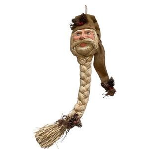 Vintage Wall Hanging Santa with Raffia and Burlap Braided Beard Holiday Decor